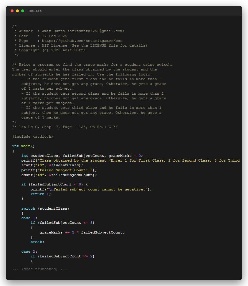 Write a program to find the grace marks for a student using switch. The user should enter the class obtained by the student and the number of subjects he has failed in. Use the following logic. - If the student gets first class and he fails in more than 3 subjects, he does not get any grace, Otherwise, he gets a grace of 5 marks per subject. - If the student gets second class and he fails in more than 2 subjects, he does not get any grace. Otherwise, he gets a grace of 4 marks per subject. - If the student gets third class and he fails in more than 1 subject, then he does not get any grace. Otherwise, he gets a grace of 5 marks.